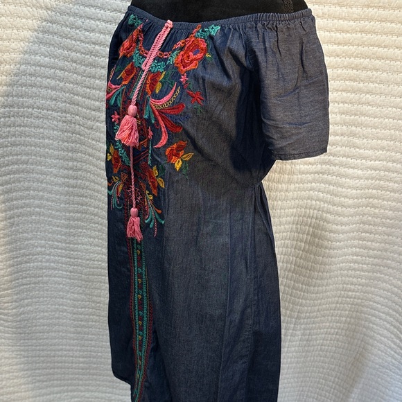 Navy Floral Embroidered On Off Shoulder Mini Dress Size Small - Picture 7 of 11